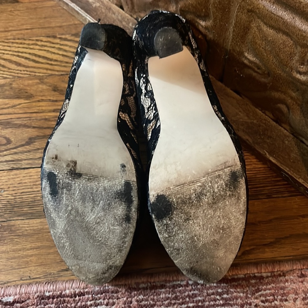 Madden Girl black lace over champagne colored satin platform heels